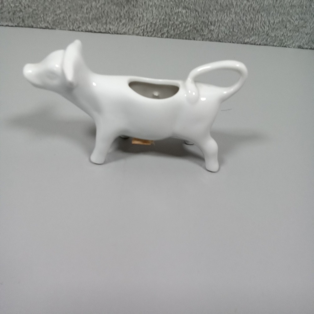 White Ceramic Cow Creamer Pitcher Farmhouse Figural Milk Dispenser 6.5 Inch